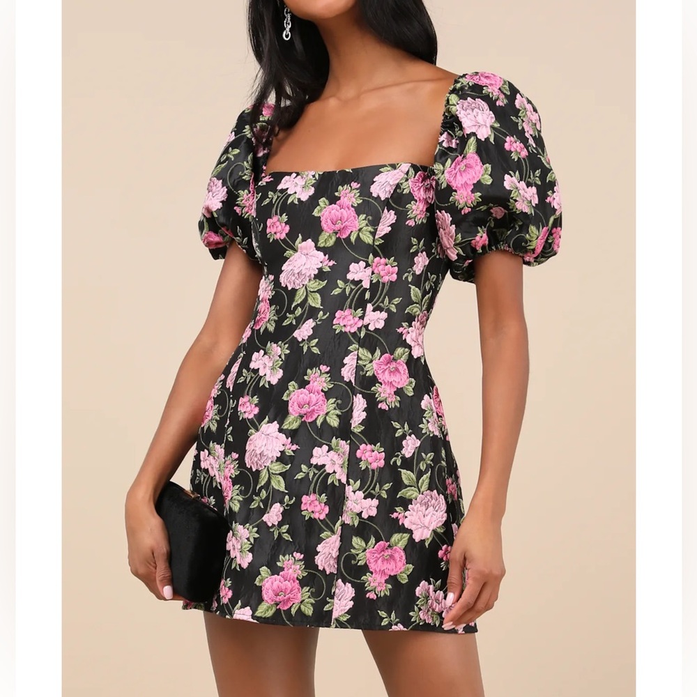 NWT PROM NWT Lulus Completely Beloved Black Floral Puff Sleeve Mini Dress Size S